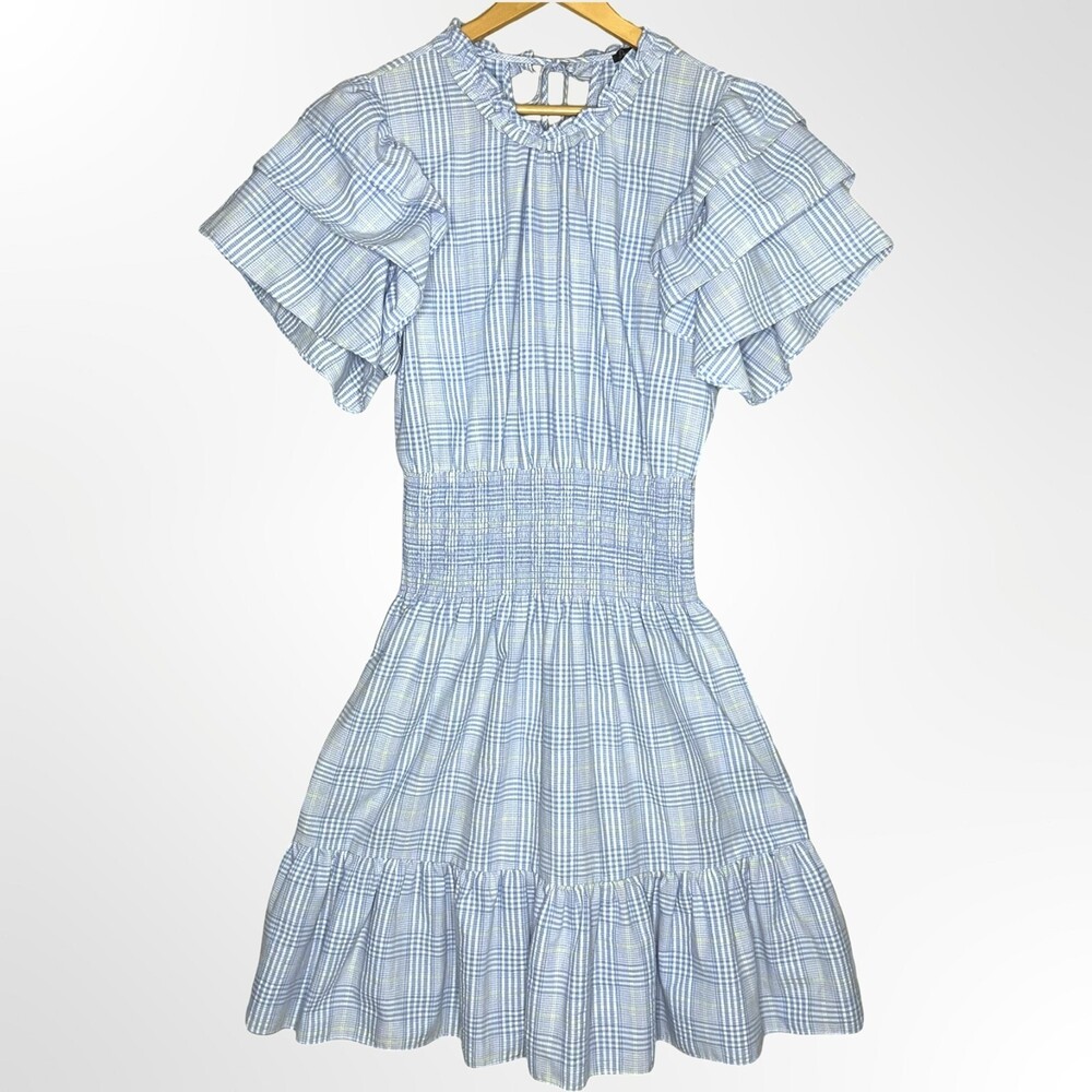 Stella Nova Camine Dress Womens 38 Medium Blue Plaid Woven Smocked Ruffle Sleeve